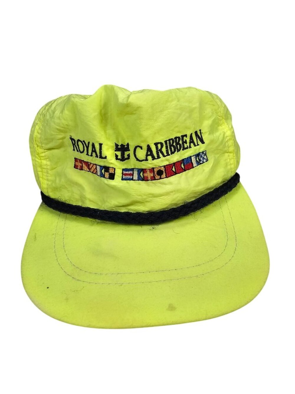 Royal Caribbean Vintage Strap Back Hat w/ Embroidered Flags & Rope Neon Yellow